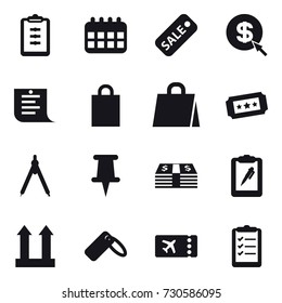 16 vector icon set : clipboard, calendar, sale, dollar arrow, shopping list, shopping bag, ticket, drawing compass, clipboard list