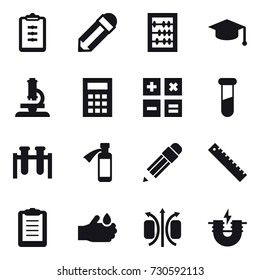 16 vector icon set : clipboard, pencil, abacus, graduate hat, microscope, calculator, ruler