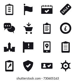 16 vector icon set : clipboard, flag, calendar, sale, discussion, add to cart, info, castle, check in, handwheel