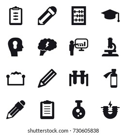 16 vector icon set : clipboard, pencil, abacus, graduate hat, bulb head, brain, presentation, microscope, electrostatic