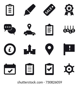 16 vector icon set : clipboard, marker, sale, medal, discussion, car pointer, info, castle, handwheel