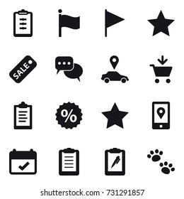 16 vector icon set : clipboard, flag, star, sale, discussion, car pointer, add to cart, percent, pets