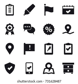 16 vector icon set : clipboard, marker, flag, calendar, medal, discussion, percent, mobile checking, map, nightstand