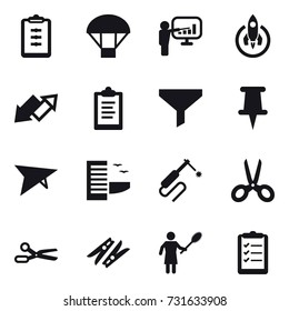 16 vector icon set : clipboard, parachute, presentation, rocket, up down arrow, funnel, deltaplane, hotel, scissors, clothespin, woman with pipidaster, clipboard list