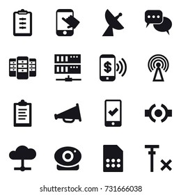 16 vector icon set : clipboard, touch, satellite antenna, discussion, server, phone pay, antenna, loudspeaker, mobile checking