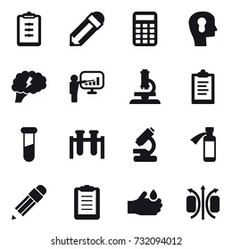 16 vector icon set : clipboard, pencil, calculator, bulb head, brain, presentation, microscope
