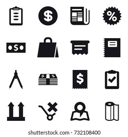 16 vector icon set : clipboard, dollar, newspaper, percent, money, shopping bag, atm receipt, copybook, drawing compass, map, paper towel