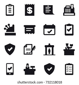 16 vector icon set : clipboard, receipt, shopping list, cashbox, atm receipt, detector, inspector, mobile checking, reception, clipboard list