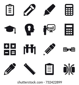 16 vector icon set : clipboard, pencil, marker, calculator, graduate hat, bulb head, presentation, school, ruler