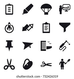 16 vector icon set : clipboard, marker, parachute, presentation, rocket, up down arrow, funnel,  plane, hotel, scissors, woman with pipidaster