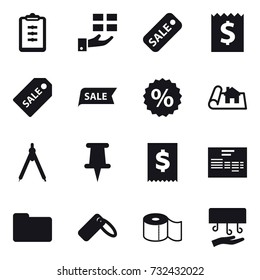 16 vector icon set : clipboard, gift, sale, receipt, sale label, percent, project, drawing compass, toilet paper, hand dryer
