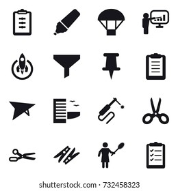 16 vector icon set : clipboard, marker, parachute, presentation, rocket, funnel, deltaplane, hotel, scissors, clothespin, woman with pipidaster, clipboard list