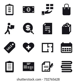 16 vector icon set : clipboard, money, gift, shopping bag, courier, dollar arrow, account balance, sale label, plan, towels