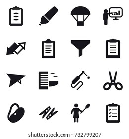 16 vector icon set : clipboard, marker, parachute, presentation, up down arrow, funnel, deltaplane, hotel, scissors, clothespin, woman with pipidaster, clipboard list