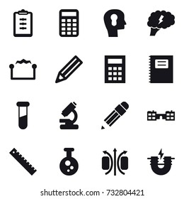 16 vector icon set : clipboard, calculator, bulb head, brain, electrostatic, pencil, copybook, school, ruler