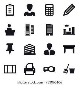 16 vector icon set : clipboard, woman, calculator, pencil, skyscrapers, skyscraper, city, table, window, bucket and broom