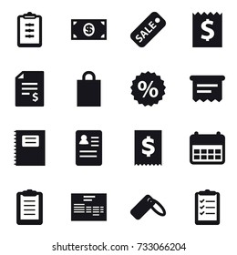 16 vector icon set : clipboard, money, sale, receipt, account balance, shopping bag, percent, atm receipt, copybook, clipboard list