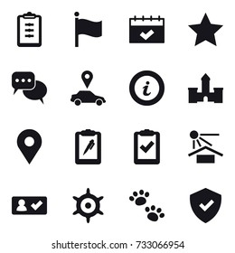 16 vector icon set : clipboard, flag, calendar, star, discussion, car pointer, info, castle, check in, handwheel, pets