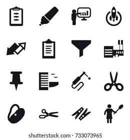 16 vector icon set : clipboard, marker, presentation, rocket, up down arrow, funnel, mall, hotel, scissors, clothespin, woman with pipidaster
