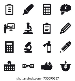 16 vector icon set : clipboard, marker, calculator, brain, presentation, microscope, pencil, university, school