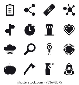 16 vector icon set : clipboard, molecule, airport tower, heart pendant, handle scales, axe, sprayer, cleaner