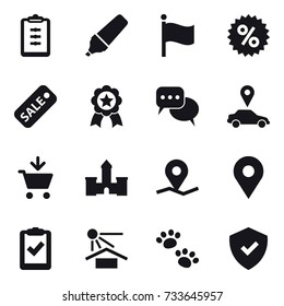 16 vector icon set : clipboard, marker, flag, percent, sale, medal, discussion, car pointer, add to cart, castle, pets
