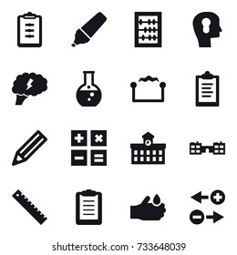 16 vector icon set : clipboard, marker, abacus, bulb head, brain, round flask, electrostatic, pencil, calculator, university, school, ruler