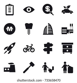 16 vector icon set : clipboard, eye, dollar arrow, eco car, crypto currency, skyscraper, mall, bike, signpost, nightstand, meat hammer, toilet cleaning, garbage bin