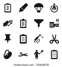 16 vector icon set : clipboard, marker, parachute, rocket, up down arrow, funnel, mall, scissors, woman with pipidaster, clipboard list