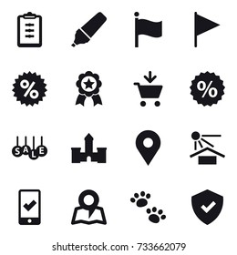 16 vector icon set : clipboard, marker, flag, percent, medal, add to cart, sale, castle, mobile checking, map, pets