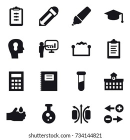 16 vector icon set : clipboard, pencil, marker, graduate hat, bulb head, presentation, electrostatic, calculator, copybook, university