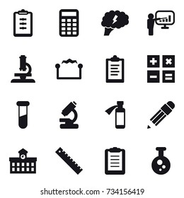 16 vector icon set : clipboard, calculator, brain, presentation, microscope, electrostatic, pencil, university, ruler