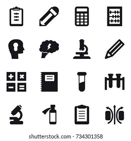 16 vector icon set : clipboard, pencil, calculator, abacus, bulb head, brain, microscope, copybook