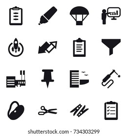 16 vector icon set : clipboard, marker, parachute, presentation, rocket, up down arrow, funnel, mall, hotel, scissors, clothespin, clipboard list