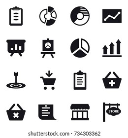 16 vector icon set : clipboard, circle diagram, statistic, presentation, diagram, graph up, target, add to cart, add to basket, delete cart, shopping list, market, store signboard