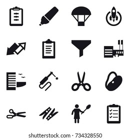 16 vector icon set : clipboard, marker, parachute, rocket, up down arrow, funnel, mall, hotel, scissors, clothespin, woman with pipidaster, clipboard list