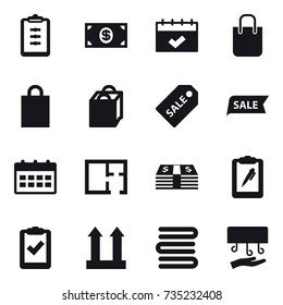 16 vector icon set : clipboard, money, calendar, shopping bag, sale label, sale, plan, towels, hand dryer