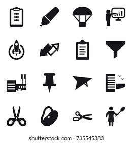 16 vector icon set : clipboard, marker, parachute, presentation, rocket, up down arrow, funnel, mall, deltaplane, hotel, scissors, woman with pipidaster