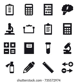 16 vector icon set : clipboard, calculator, abacus, brain, microscope, electrostatic, copybook, pencil, ruler