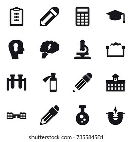 16 vector icon set : clipboard, pencil, calculator, graduate hat, bulb head, brain, microscope, electrostatic, university, school