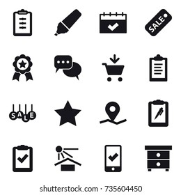 16 vector icon set : clipboard, marker, calendar, sale, medal, discussion, add to cart, star, mobile checking, nightstand