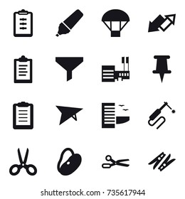 16 vector icon set : clipboard, marker, parachute, up down arrow, funnel, mall, deltaplane, hotel, scissors, clothespin