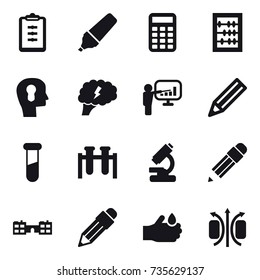 16 vector icon set : clipboard, marker, calculator, abacus, bulb head, brain, presentation, pencil, school