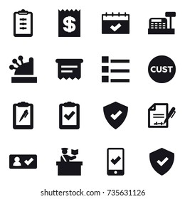 16 vector icon set : clipboard, receipt, calendar, cashbox, atm receipt, list, check in, inspector, mobile checking