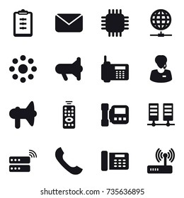 16 vector icon set : clipboard, mail, chip, globe connect, round around, megafon, loudspeaker, remote control, intercome