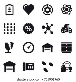 16 vector icon set : clipboard, heart, around gear, atom, chip, percent, modern architecture, barometer, garage, chest of drawers, seeds, dish cleanser