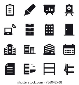 16 vector icon set : clipboard, marker, presentation, notebook wireless, building, door, district, hotel, rack, skyscrapers cleaning