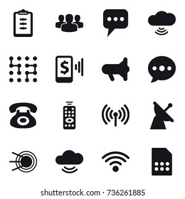 16 vector icon set : clipboard, group, message, cloud wireless, chip, mobile pay, megafon, ballon, remote control, wireless