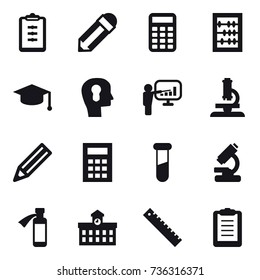 16 vector icon set : clipboard, pencil, calculator, abacus, graduate hat, bulb head, presentation, microscope, university, ruler