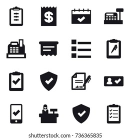 16 vector icon set : clipboard, receipt, calendar, cashbox, atm receipt, list, check in, mobile checking, reception, clipboard list